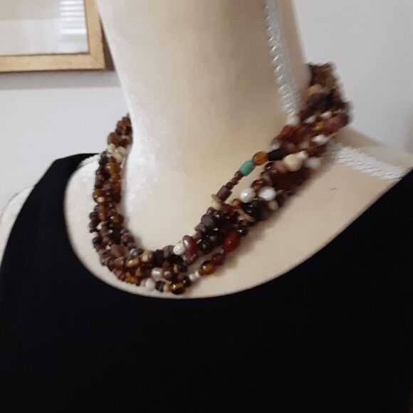 Natural beaded 5-string necklace tones brown burgundy cream 16" - Picture 2 of 2